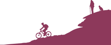 Background image showing silhouette of a mountain biker, hiker and dog heading down a Peak District gritstone path